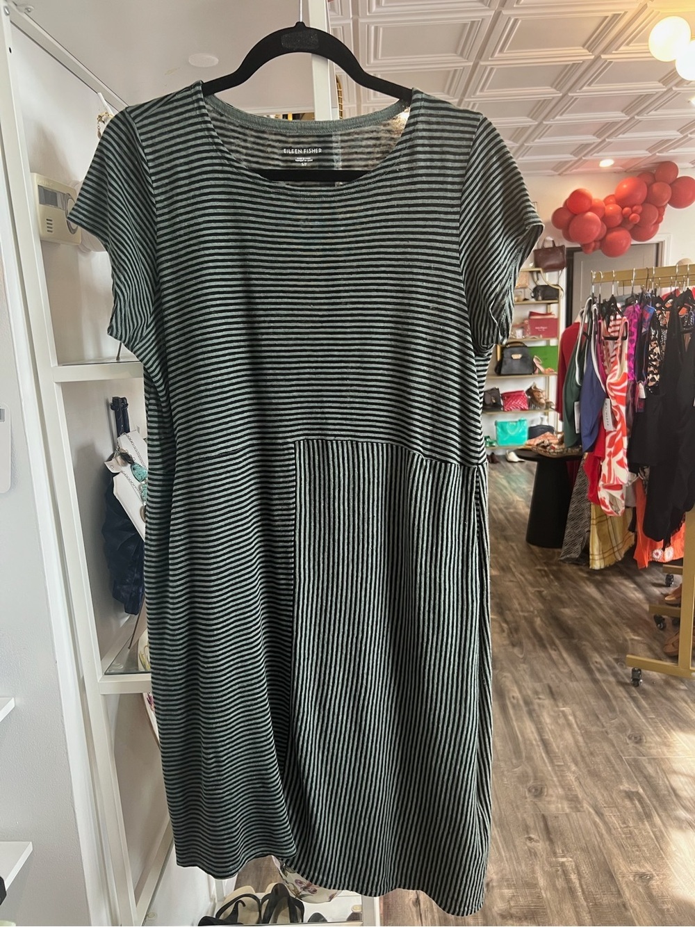 Eileen Fisher Black & White Striped Short-Sleeve shirt dress green and black